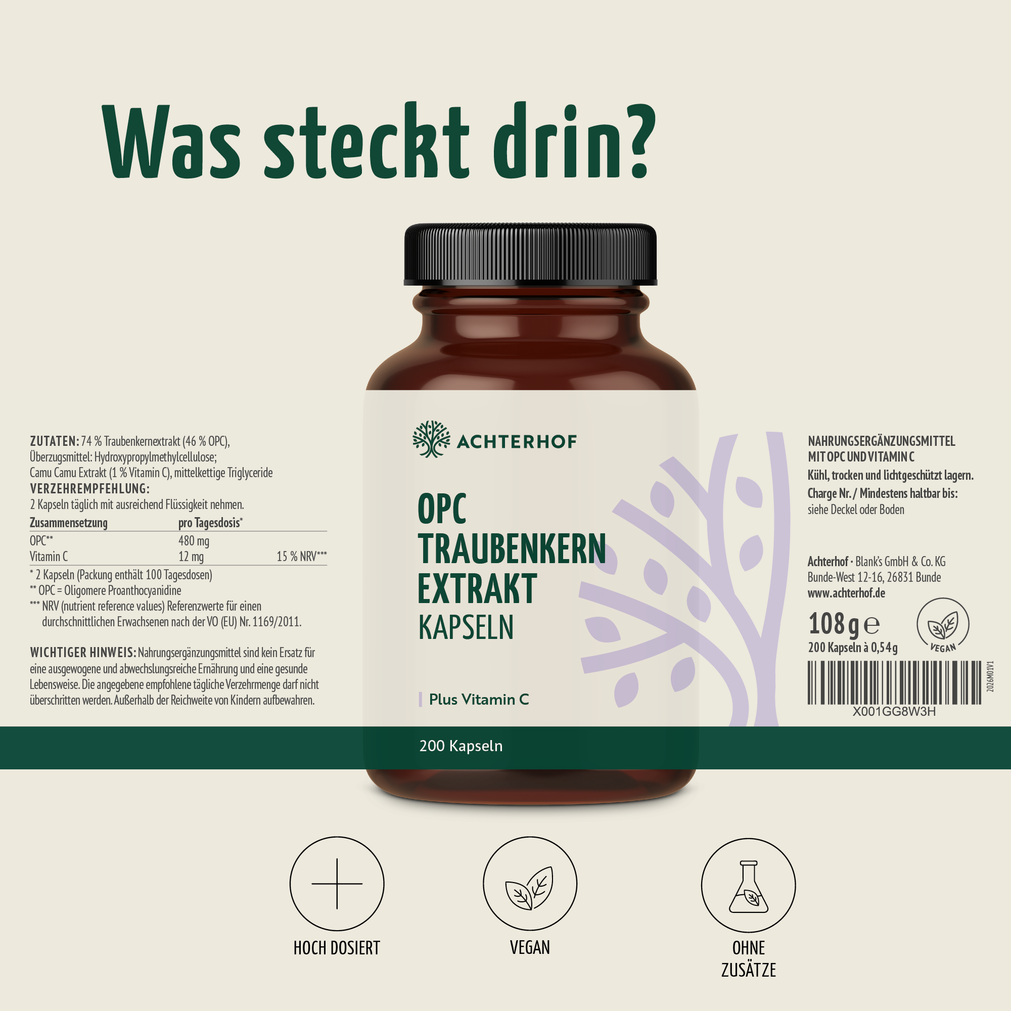 OPC Traubenkernextrakt + Vitamin C Kapseln (200 Kapseln)