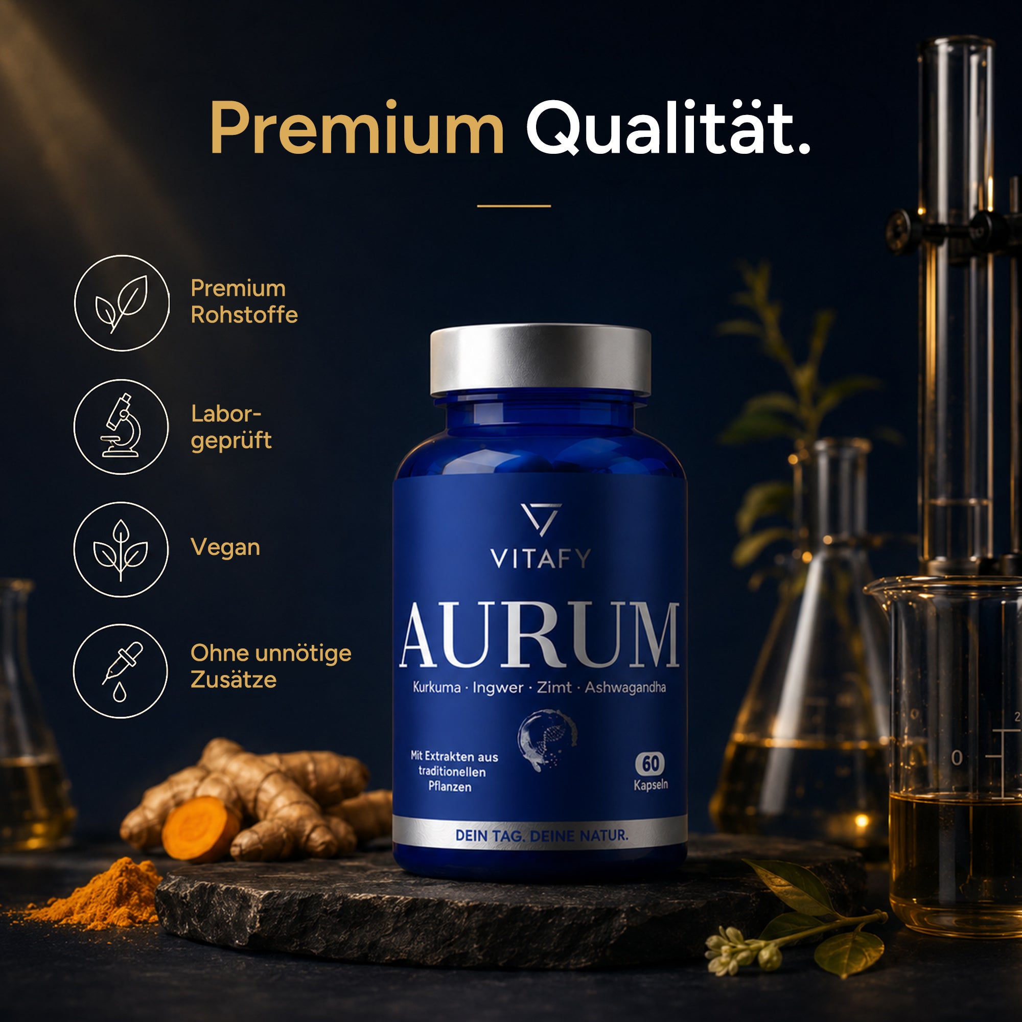 AURUM - Goldene Mischung mit Kurkuma, Ingwer, Zimt & Ashwagandha (60 Kapseln)