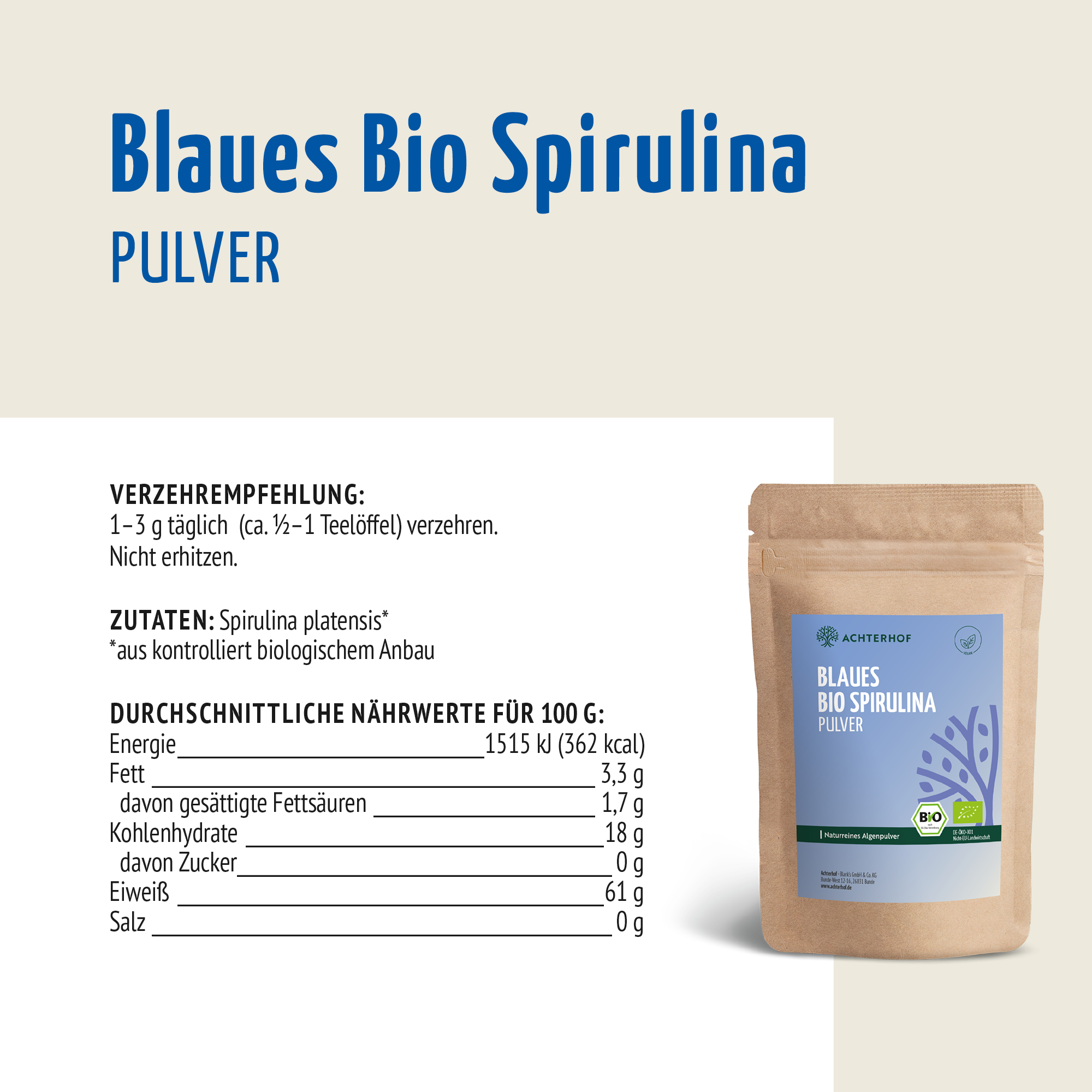 Blaues Bio Spirulina Pulver (100g)