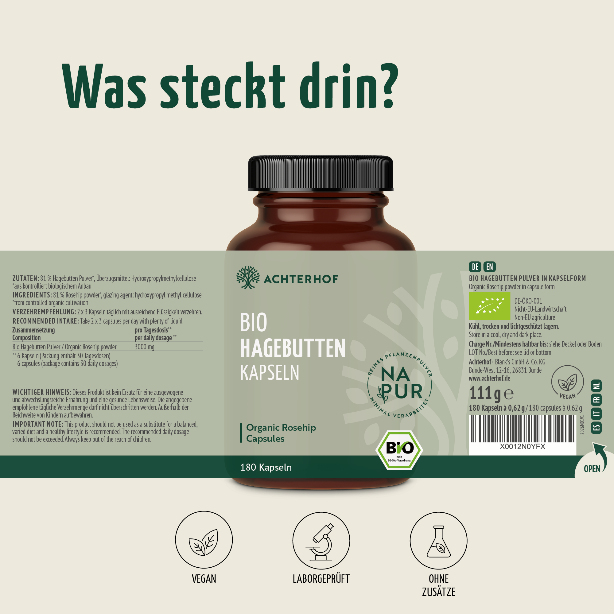 Hagebutten Kapseln Bio (180 Kapseln)