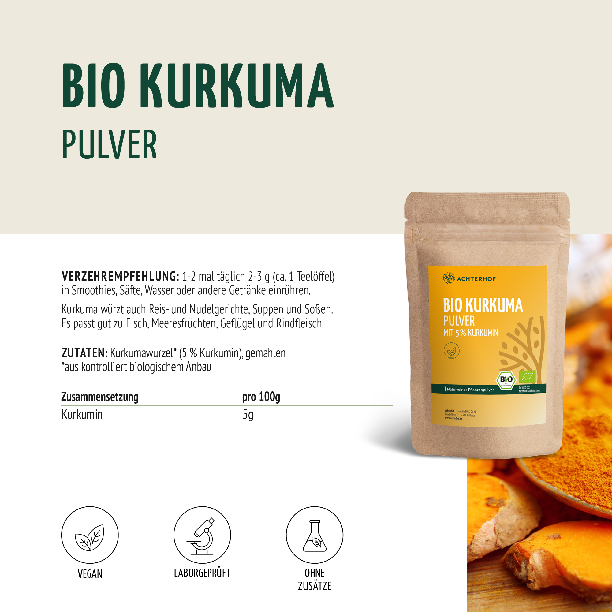 Bio Kurkuma Pulver 5% Curcumin (500g)